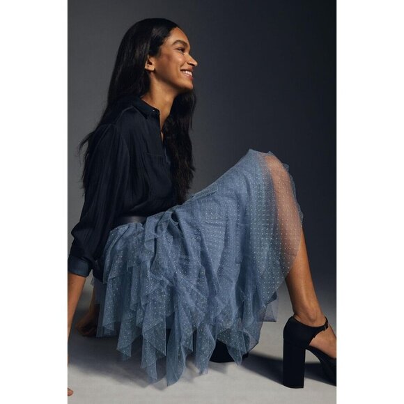 NWT by Anthropologie Tiered Tulle Midi in Sky Blue Layered Skirt S - Picture 3 of 7